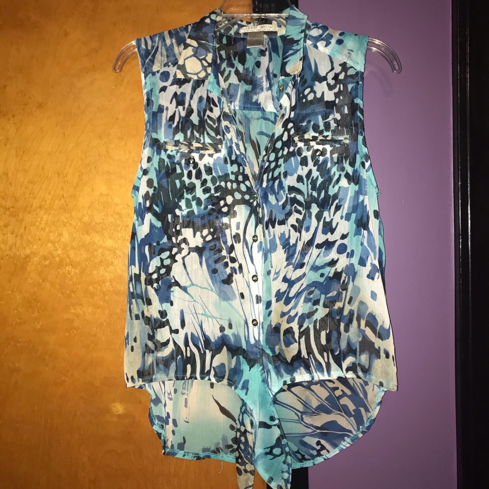 Tie front blue watercolor button down top